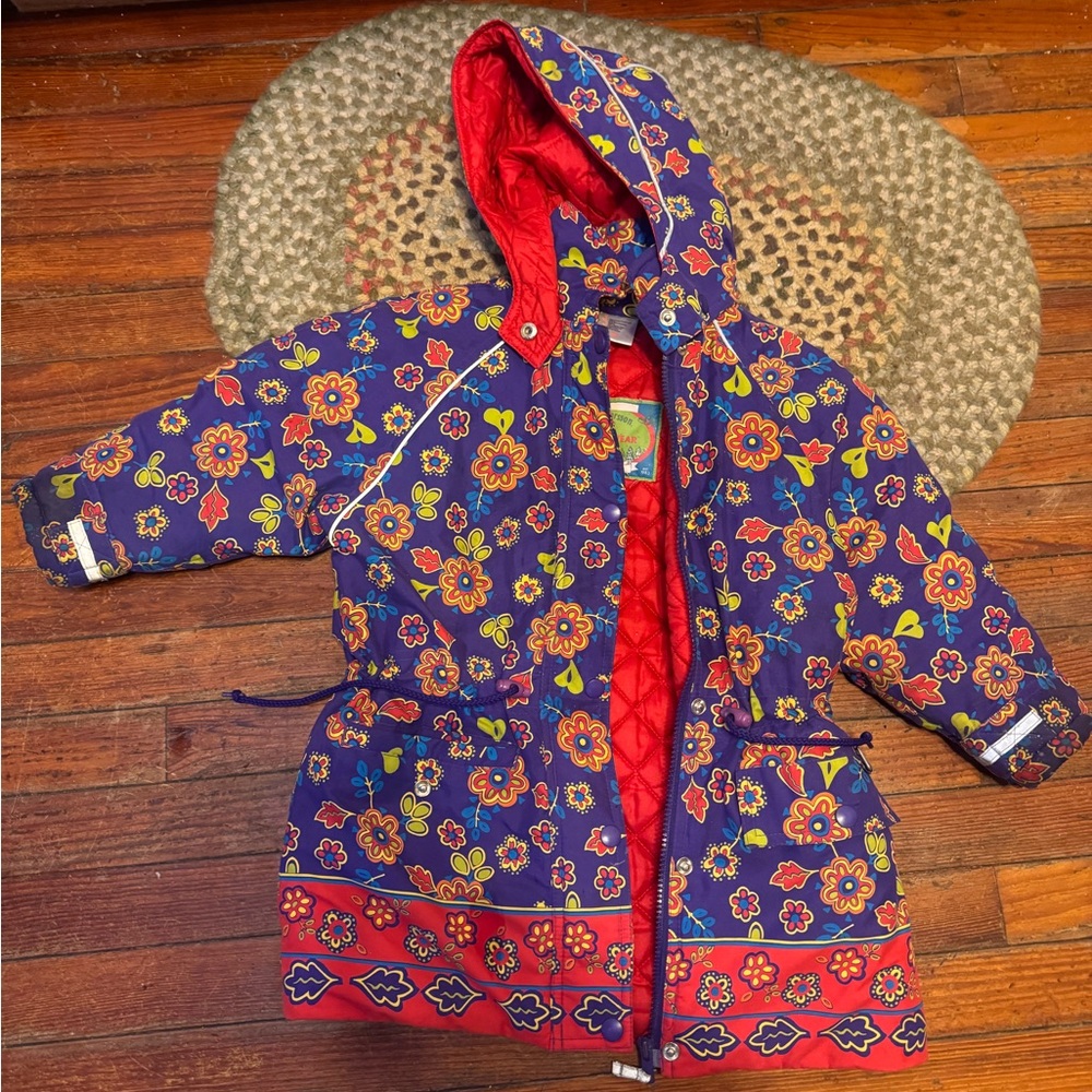 Hanna Andersson Winter Coat Girl Sz 5-6 Floral Jacket Red Quilted Lining